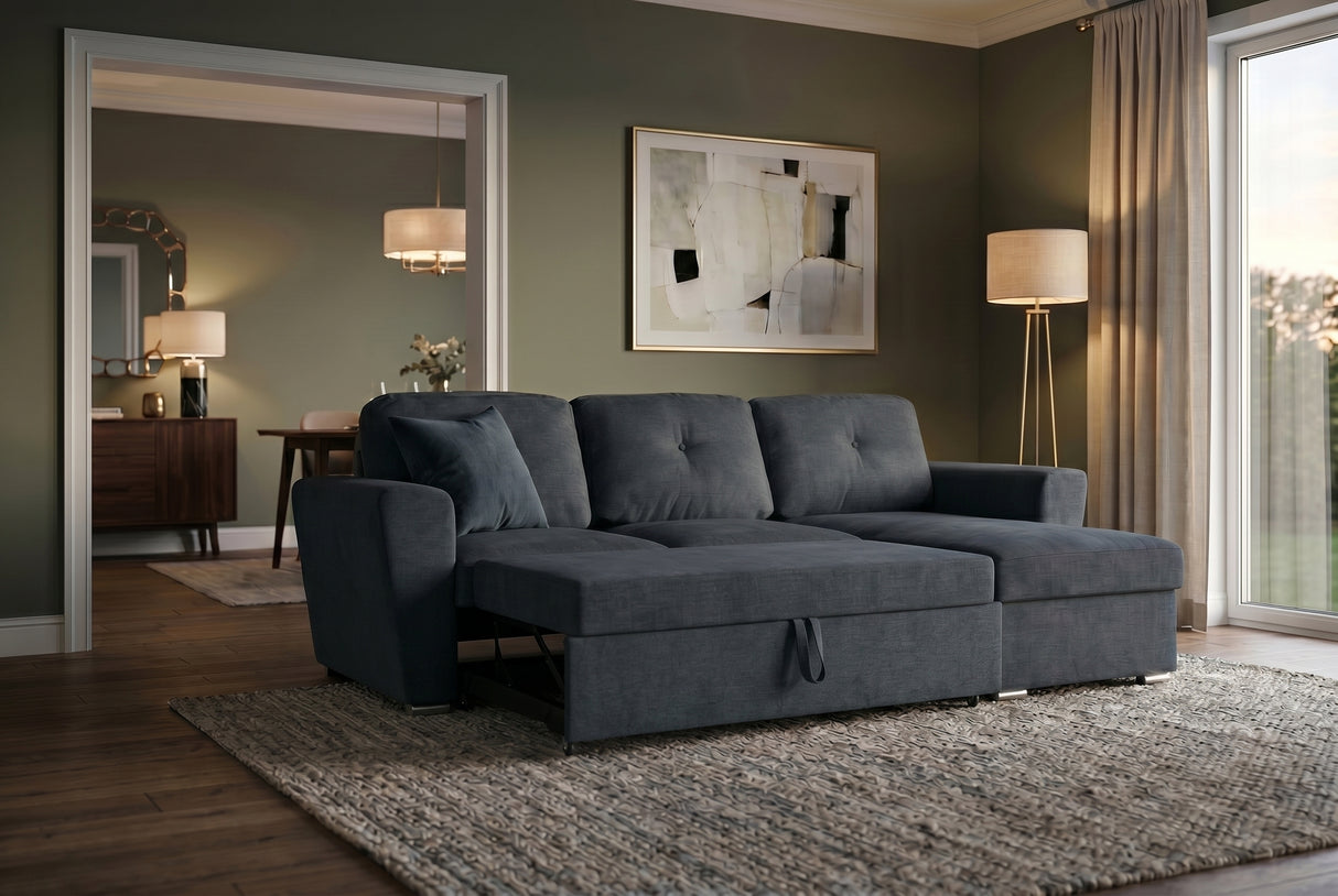 Schlafsofa APARTMENT 245cm 3-Sitzer mit Ottomane und Stauraum Strukturstoff grau