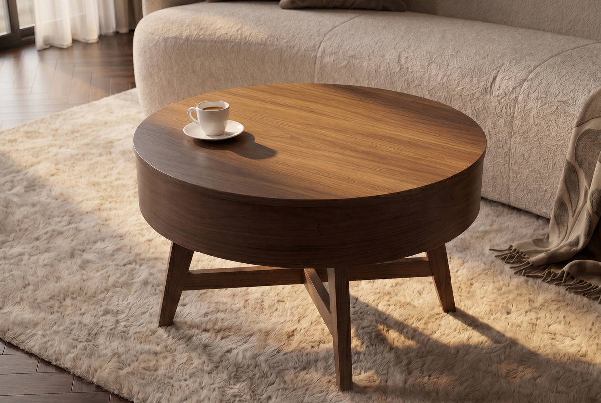 Coffee table KYOTO 70cm round w/ storage space walnut wood verneered