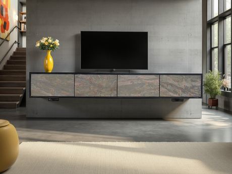 TV Board MOUNTAIN SOUL 200cm hängend Akazie Natursteinoptik schwarz
