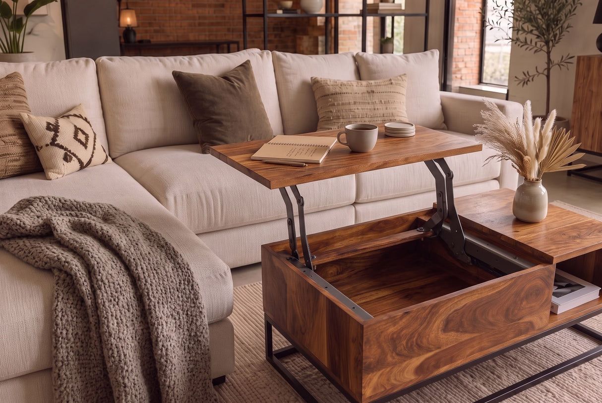 Coffee table MAKASSAR FUNCTION 110cm height adjustable sheesham natural
