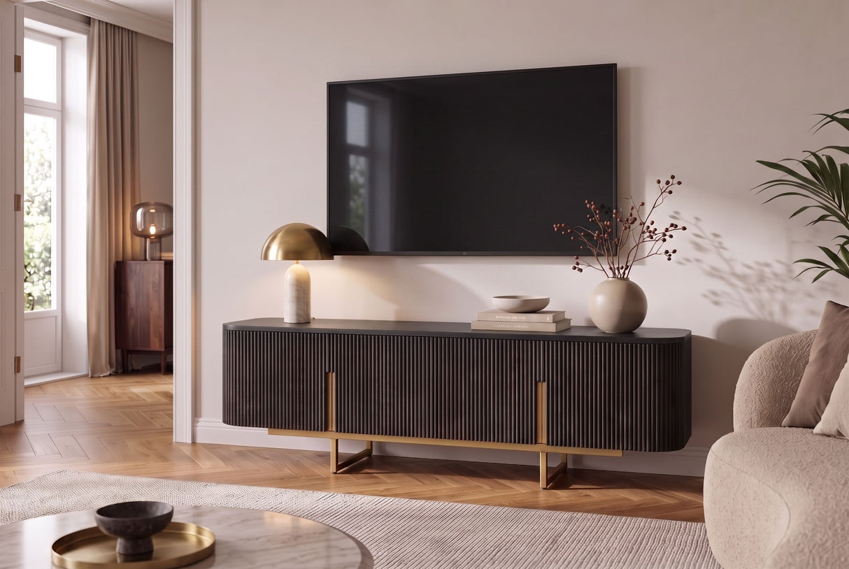 TV-Board GATSBY 160cm Retro Stil Mangoholz schwarz gold