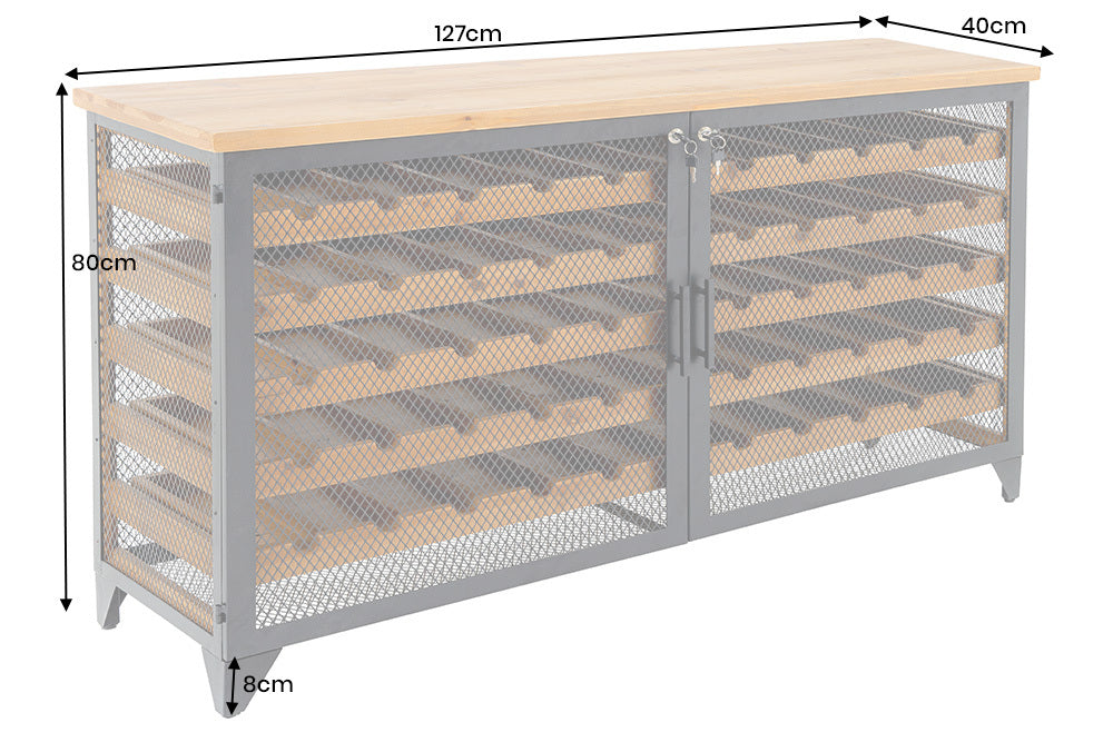 Weinschrank BODEGA 130cm für 55 Flaschen Tannenholz natur mit schwarzem Metallrahmen