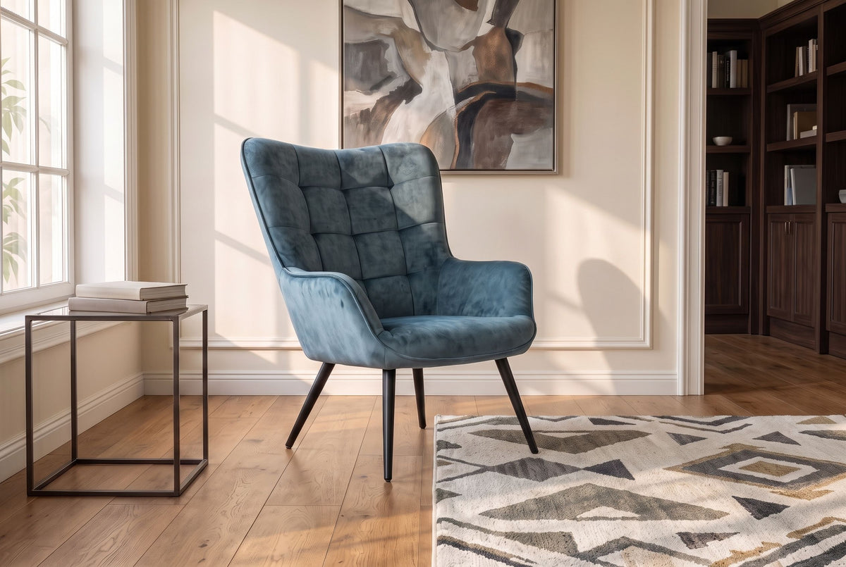 Armchair SCANDINAVIA stitched backrest velvet petrol w/ black metal legs
