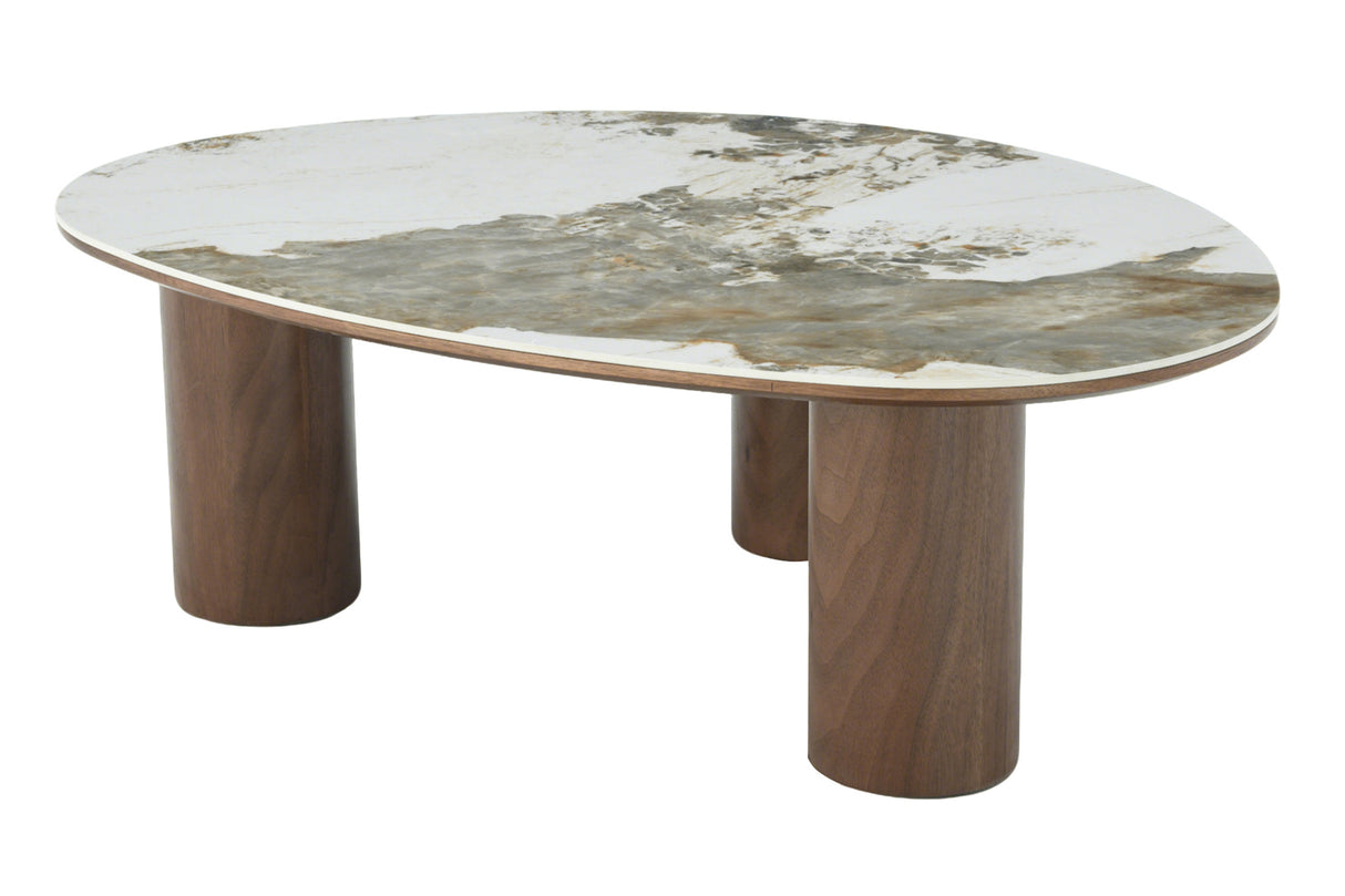 Couchtisch ORGANIKO 110cm weiß-braune Keramikoptik m. Nussbaum-Holzoptik-Gestell