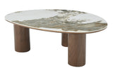 Couchtisch ORGANIKO 110cm weiß-braune Keramikoptik m. Nussbaum-Holzoptik-Gestell