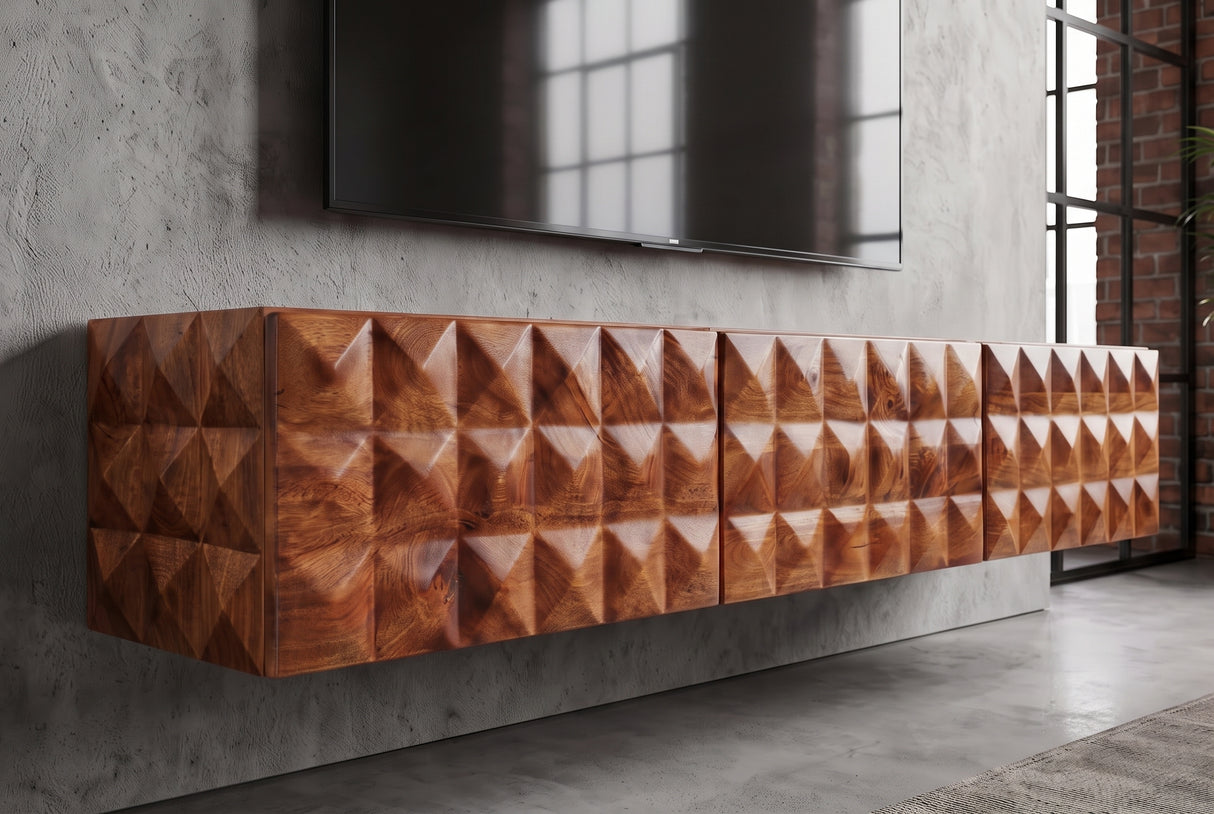 TV-Board VULCANO 160cm 3D hängend m. Kabeldurchlass Mangoholz natur