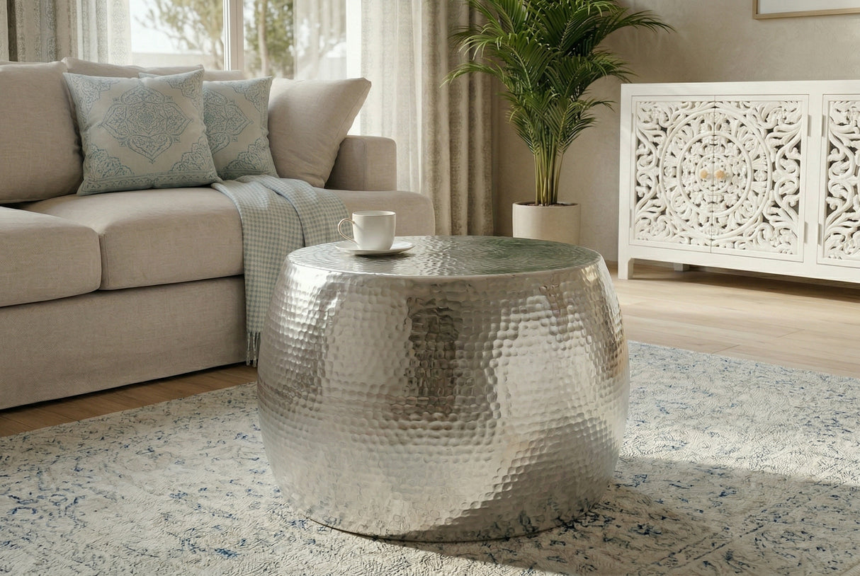 Coffee table ORIENT 60cm hammer stroke effect silver