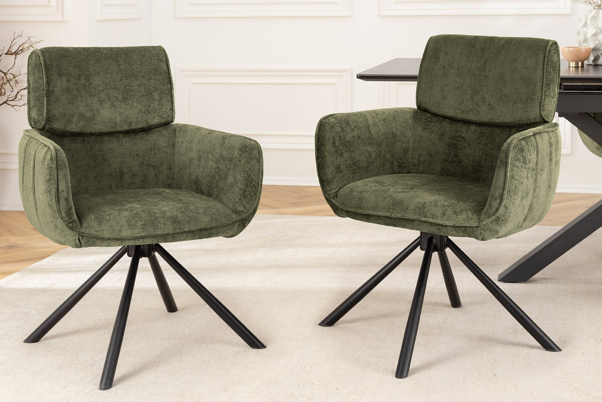 Swivel chair UNIQUE 180° w/ armrests chenille fabric green and black legs