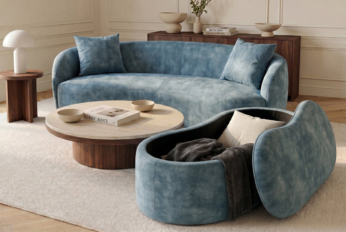 Bench chest ELEMENTAL 120cm upholstered w/ storage space velvet petrol