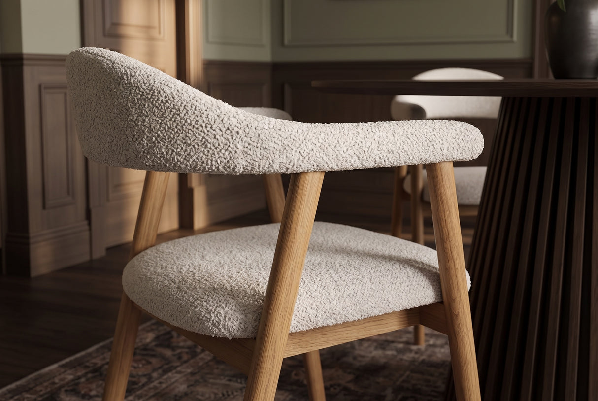 Chair VALHALLA WOOD w/ armrests textured fabric creamy and oak wood natural