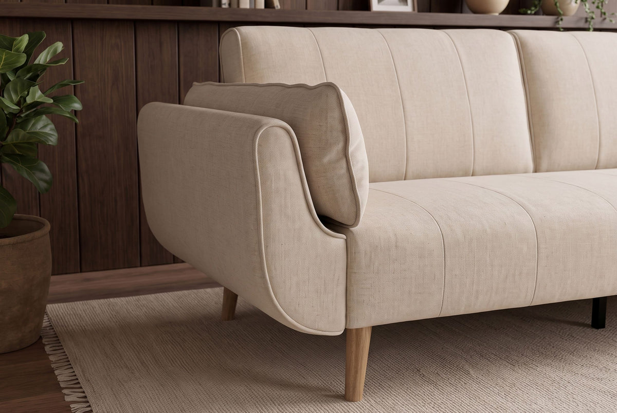 Schlafsofa DIVANI 220 cm 3-Sitzer mit Armlehnkissen, Strukturstoff greige, Holzfüße