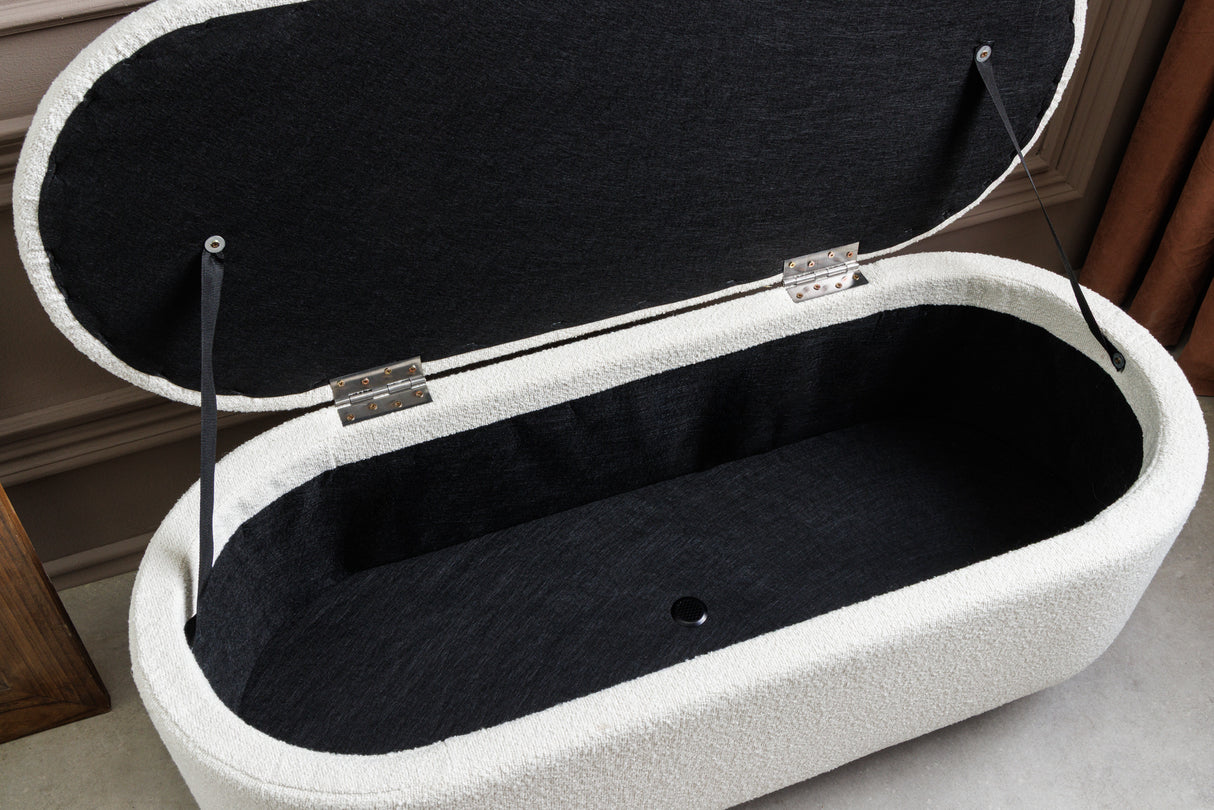 Bench chest VOQUE 110cm bouclé white upholstered w/ storage space bench seat