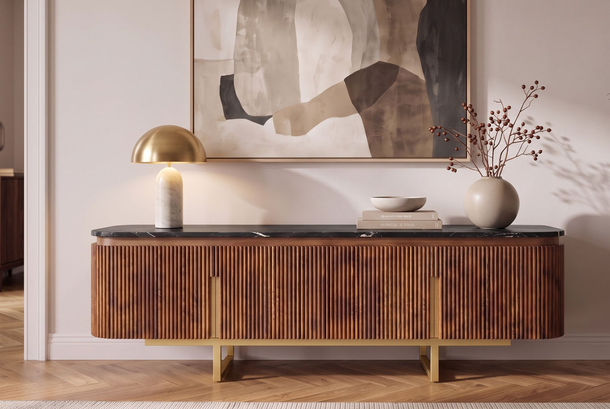 TV-Board GATSBY 160cm Retro-Stil Mangoholz Marmorplatte Schwarzbraun Gold