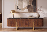 TV-Board GATSBY 160cm Retro-Stil Mangoholz Marmorplatte Schwarzbraun Gold