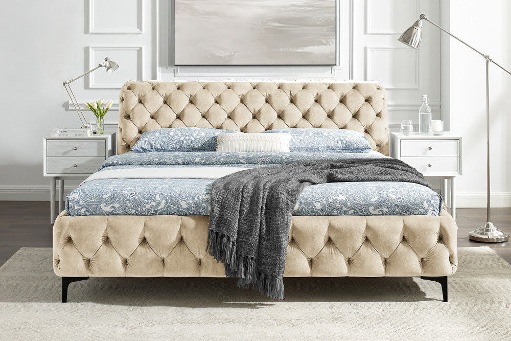 Bed MODERN BAROCK 180x200cm velvet champagne in chesterfield style