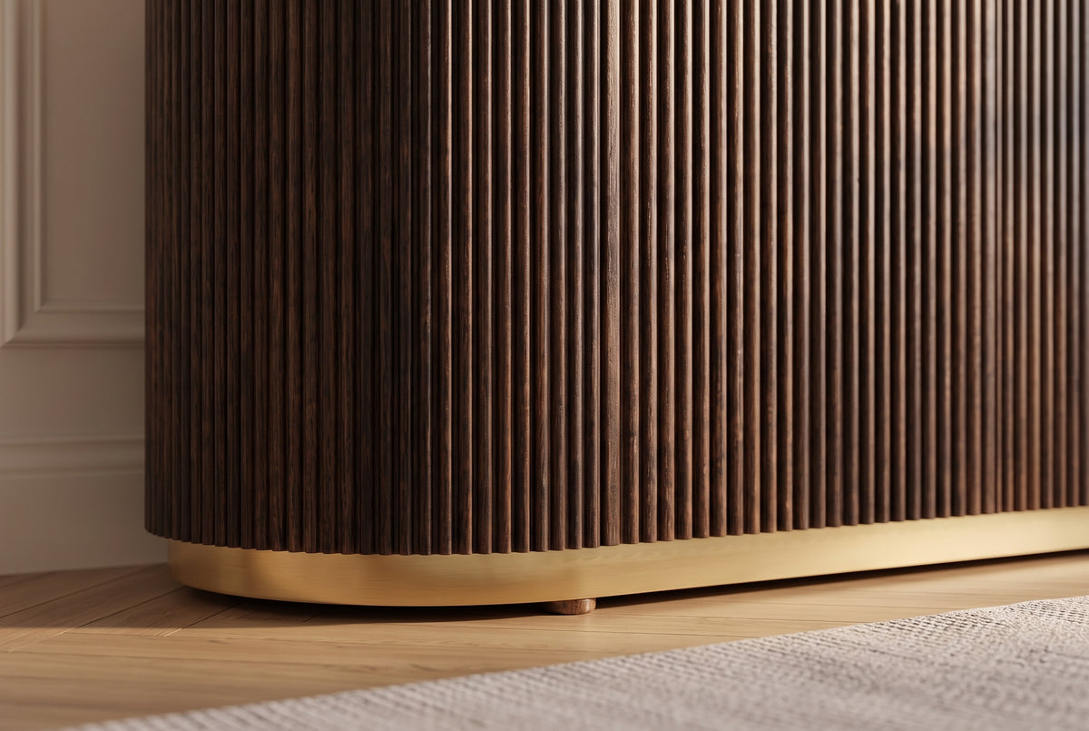 Sideboard GATSBY 170cm mango wood brown w/ white marble top fluted front gold metal details