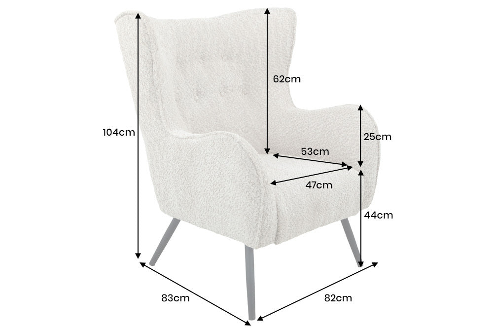 Wing chair AMSTERDAM bouclé greige black metal legs