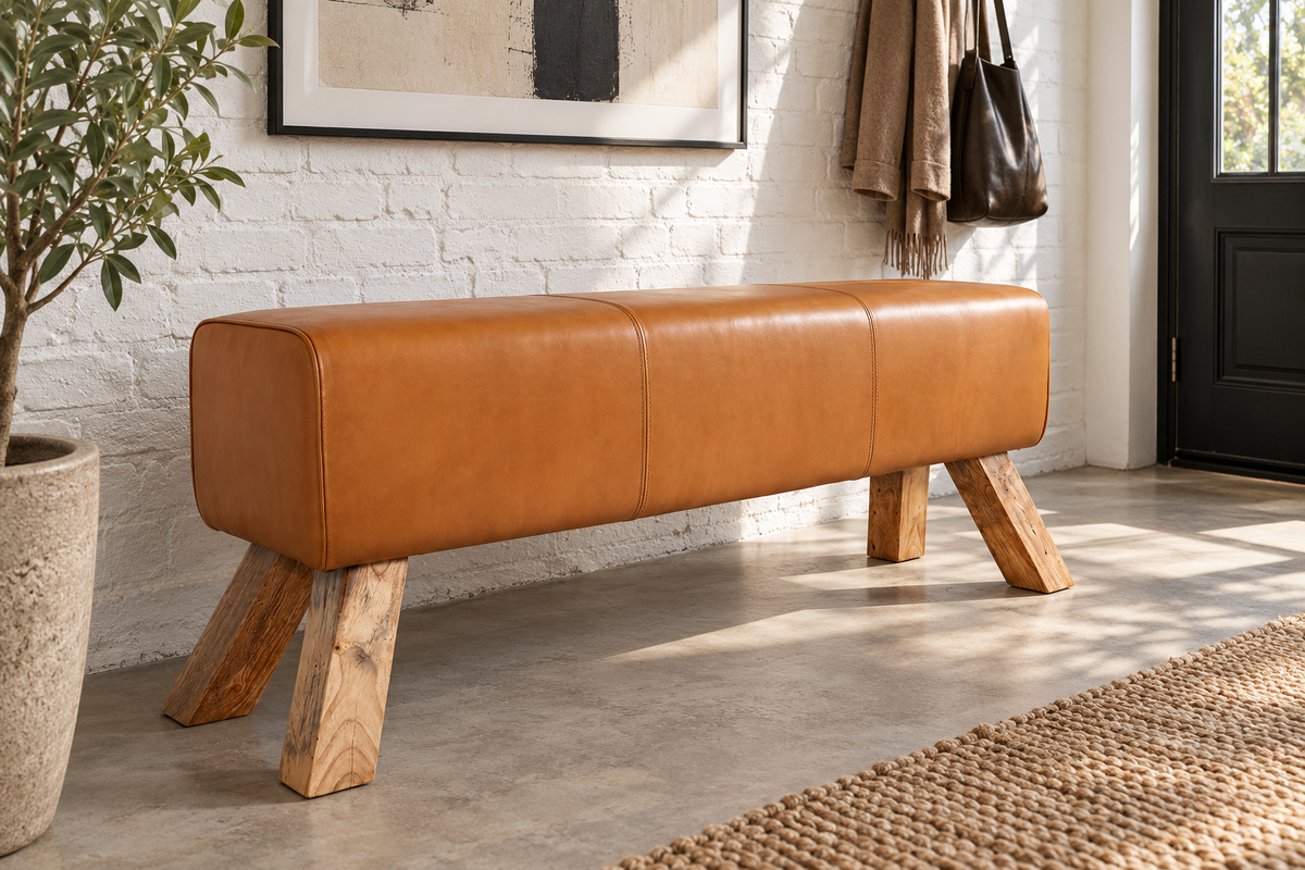Bench TURNBOCK 120cm mango wood genuine leather cognac brown