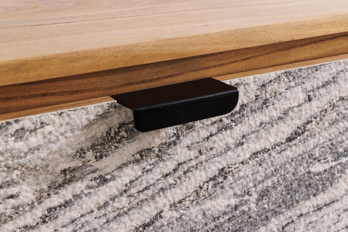 TV-Board ORGANIC 160cm hanging acacia wood natural w/ stone look front