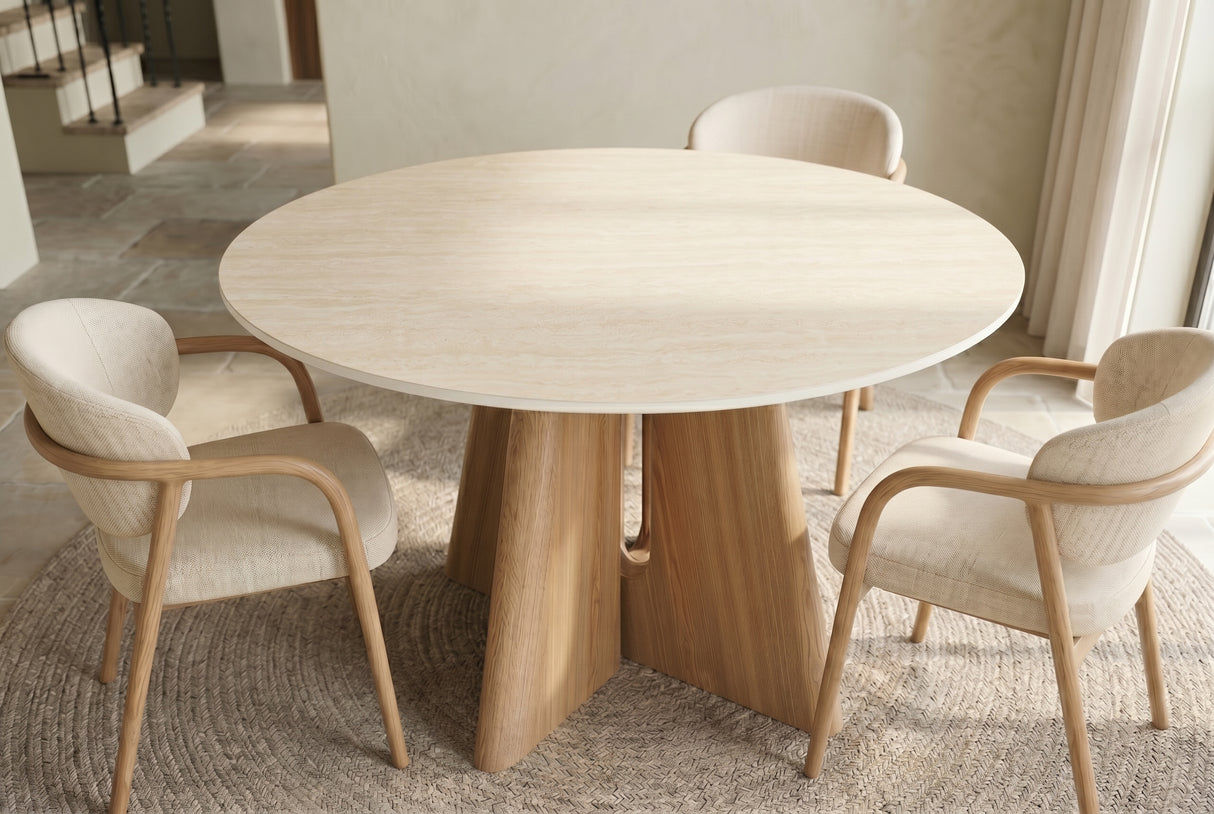 Dining table ORGANIKO 120cm round natural travertine top w/ oak wood look frame