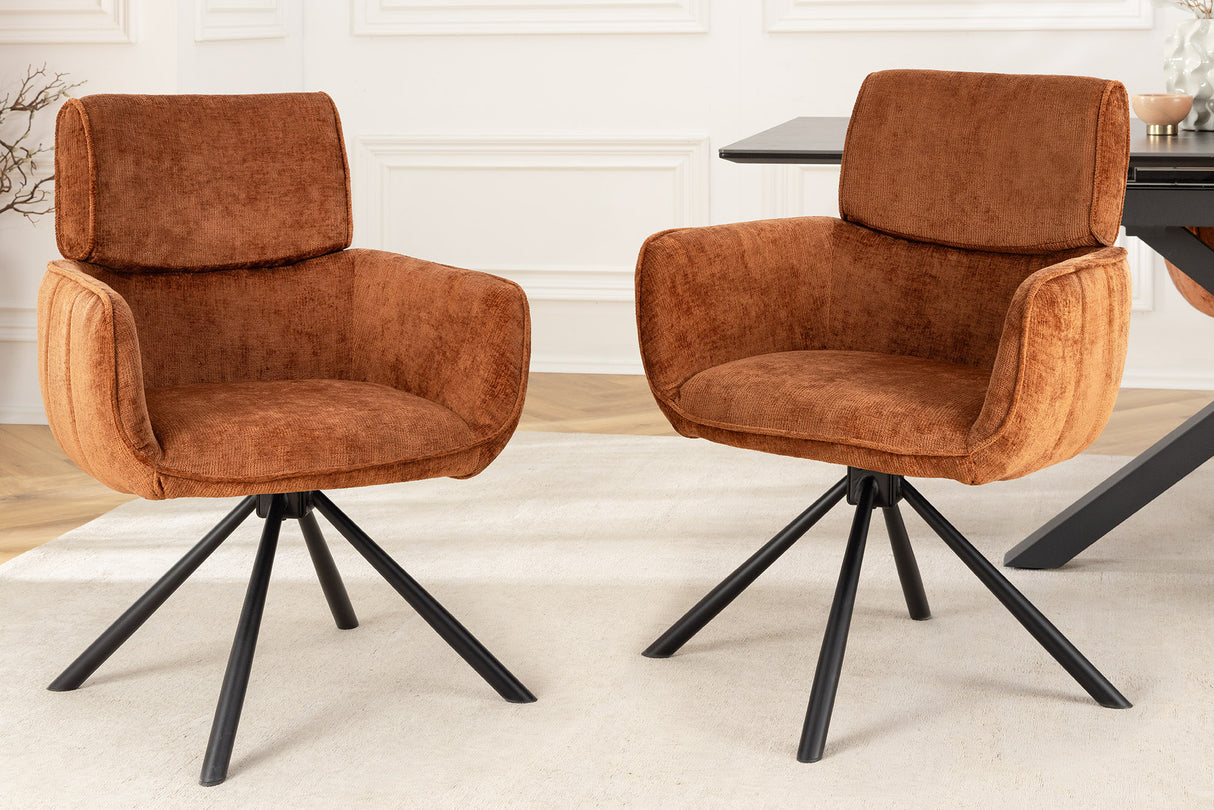 Swivel chair UNIQUE 180° w/ armrests chenille fabric rust brown and black legs