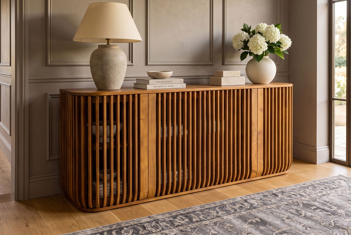 Sideboard SCULPTURA 170cm offene Lamellenfront abgerundete Kanten Mangoholz braun