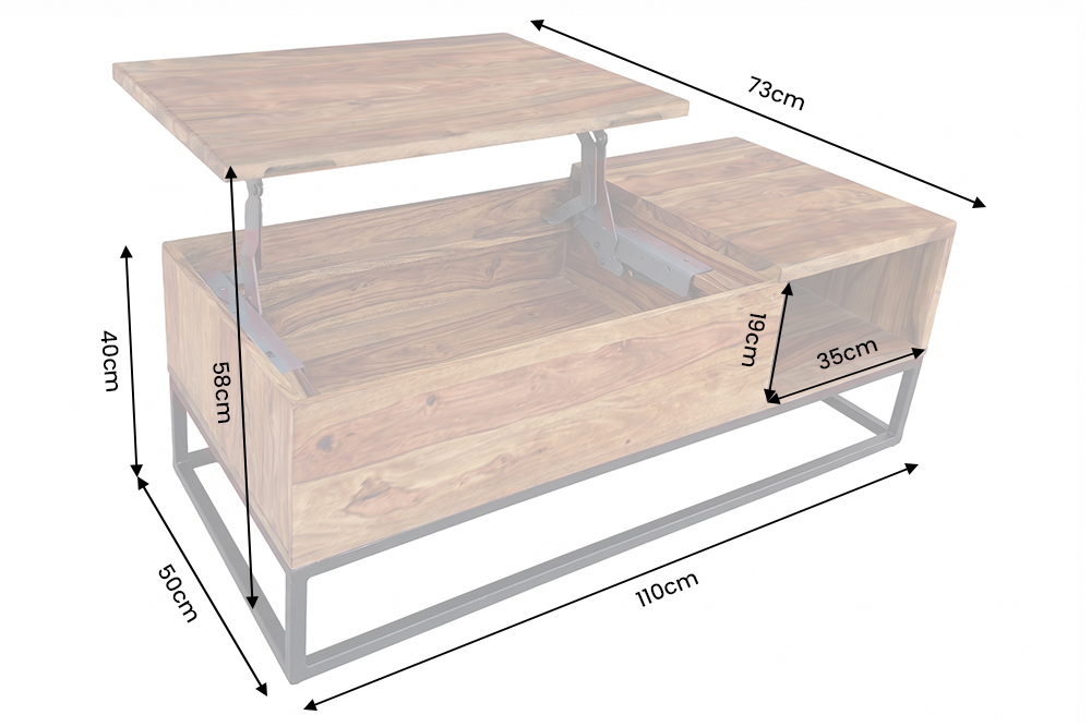 Coffee table MAKASSAR FUNCTION 110cm height adjustable sheesham natural