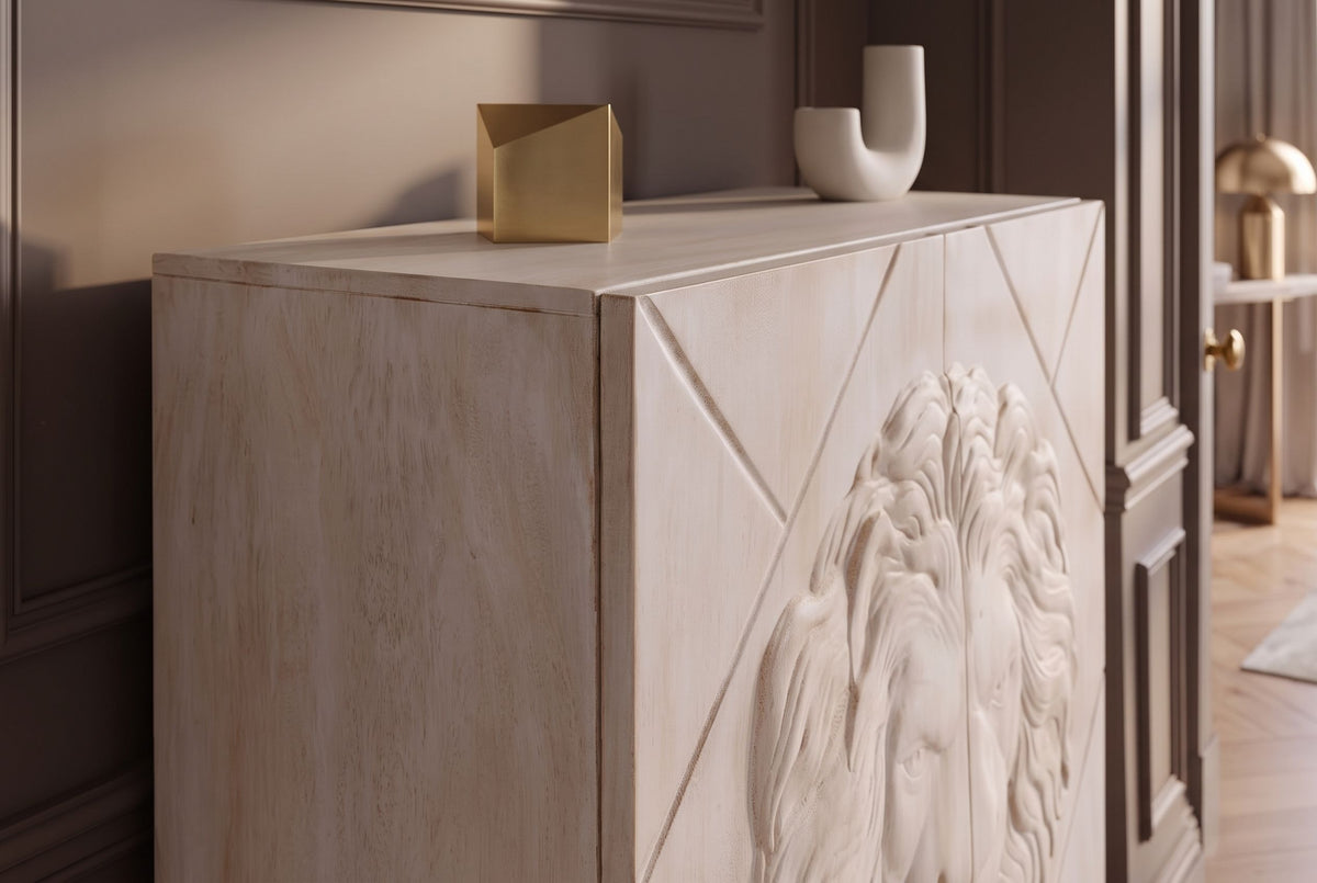 Highboard LION 120cm 3D lion front mango wood creamy w/ black metal frame