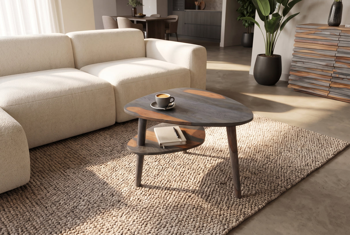 Coffee table ORGANIC LIVING 55cm w/ storage space sheesham wood grey smoke finish