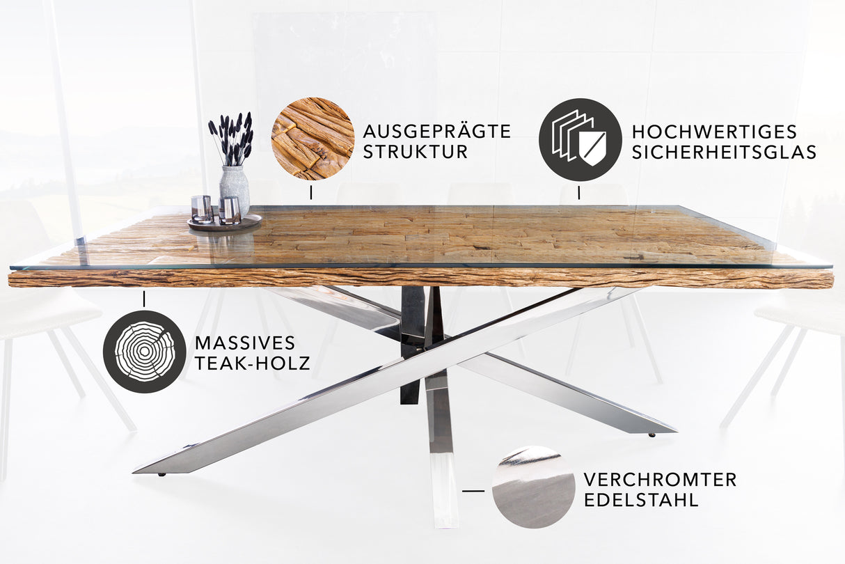 Esstisch BARRACUDA 220cm 40mm Teakholz ohne Hartglasplatte