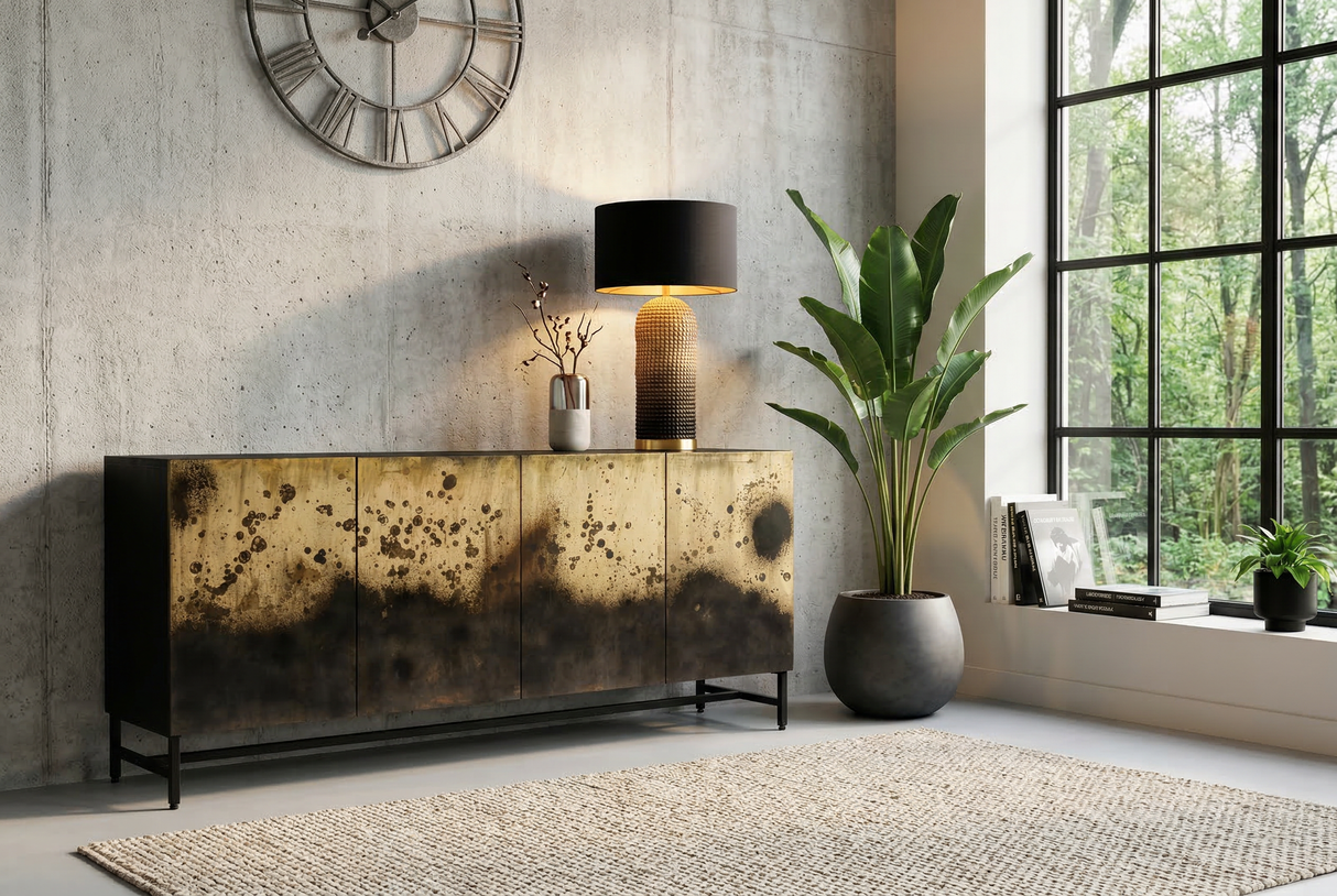 Sideboard OXID 180cm Metall schwarz gold massives Mangoholz