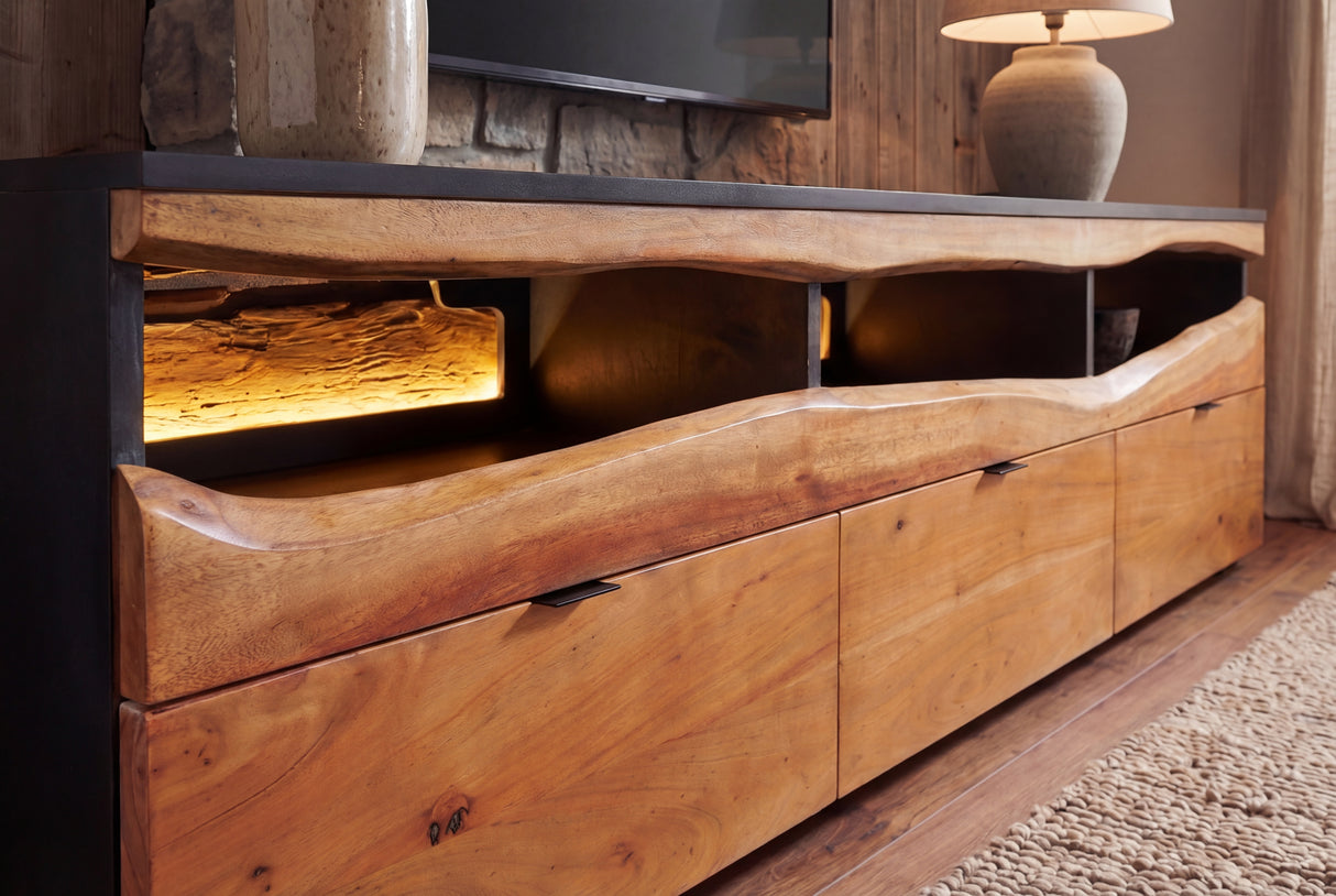 TV-Board GRAND ACACIA 180cm Akazienholz Baumkante m. fernbedienbarer LED-Beleuchtung