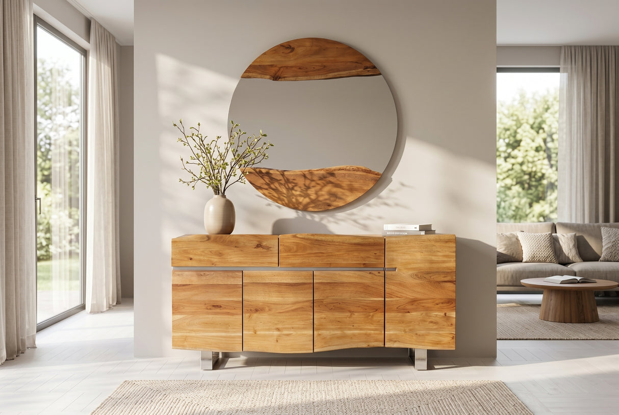 Wandspiegel LIVING EDGE 100cm rund, natürliche Kante, braunes Akazienholz