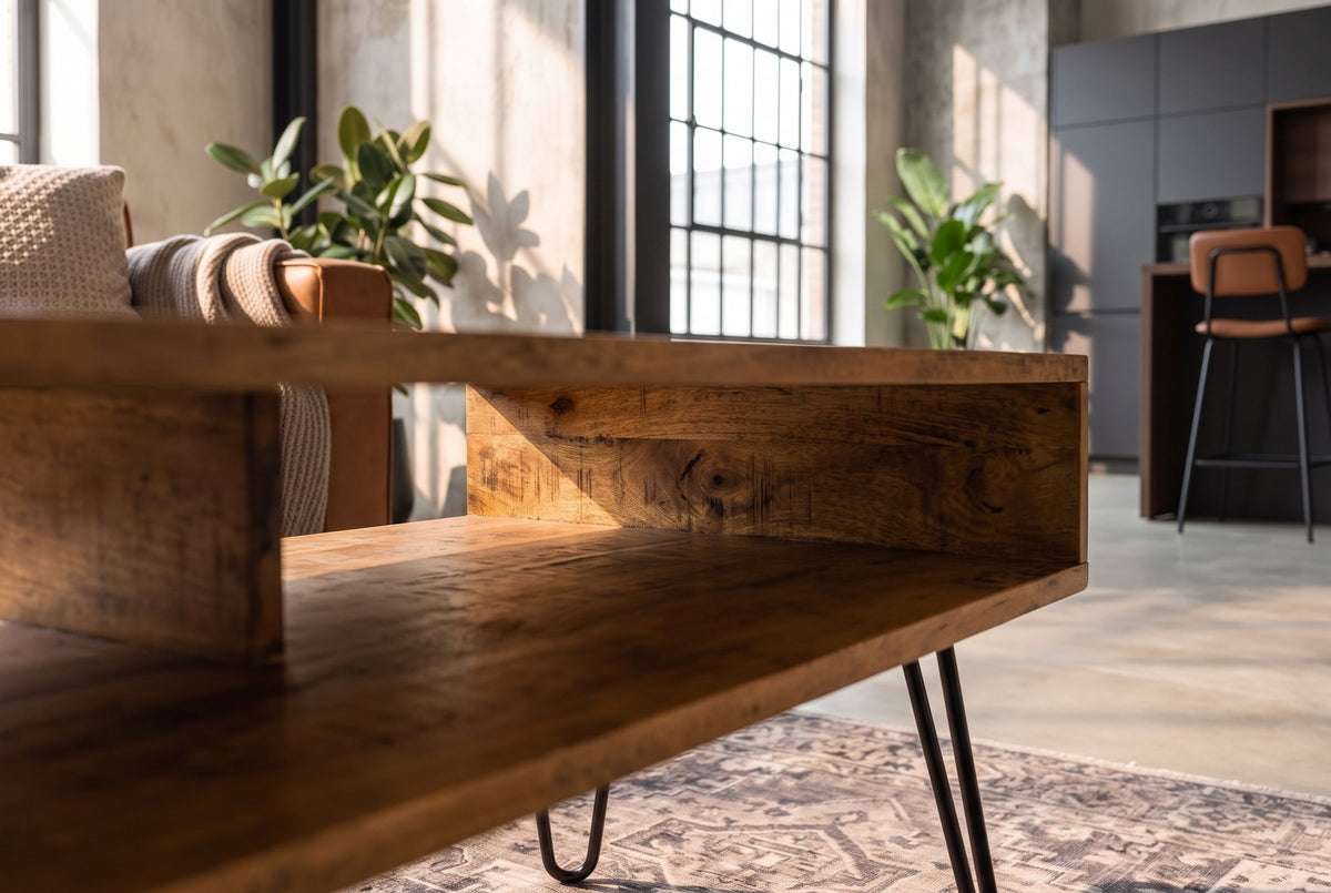Couchtisch SCORPION 100 cm mit offenen Staufächern Mangoholz natur Haarnadelbeine