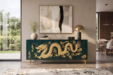 Sideboard DRAGON 180cm 3D dragon front mango wood turquoise w/ gold coloured details