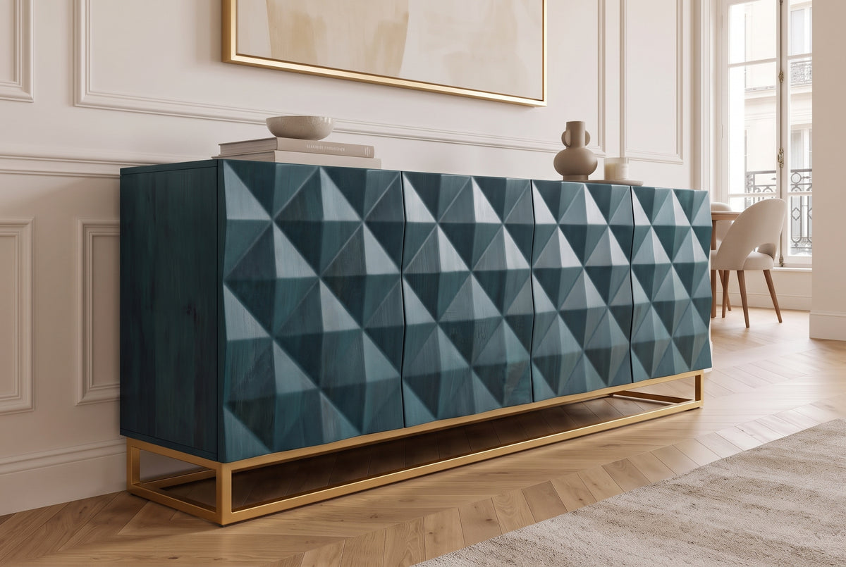 Sideboard VULCANO 180cm 3D front mango wood turquoise w/ gold metal frame