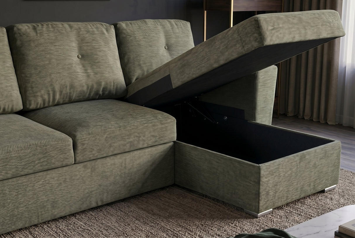 Sofa bed APARTMENT 245cm 3-seater w/ ottoman and storage space textured fabric green
