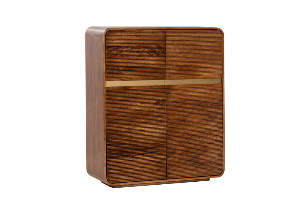 Highboard MONZA 120cm fluted front rounded edges mango wood brown w/ gold details