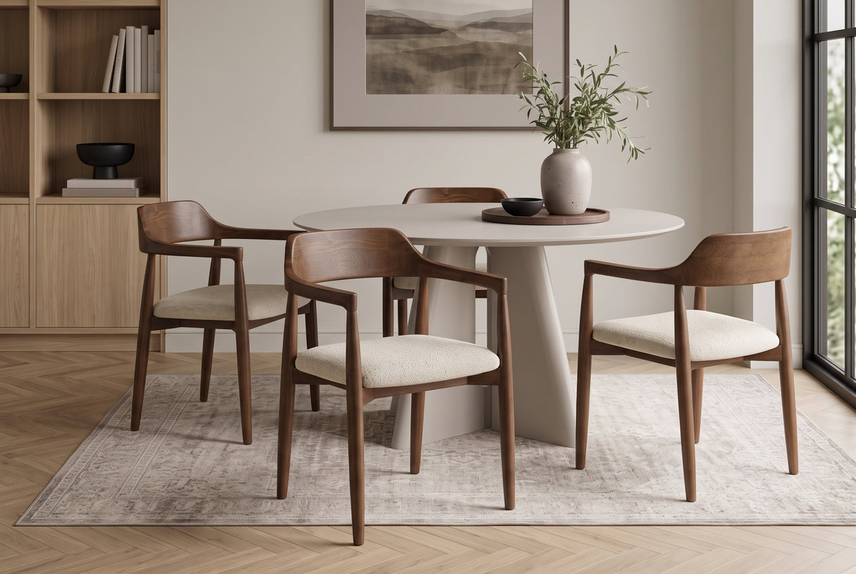 Chair KENNEDY upholstered seat w/ armrests recyled pine wood brown smoke and textured fabric creamy