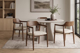 Chair KENNEDY upholstered seat w/ armrests recyled pine wood brown smoke and textured fabric creamy