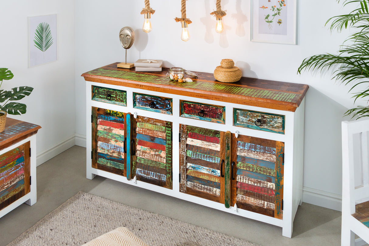 Sideboard JAKARTA 160cm weiß gewaschenes Mangoholz und Recyclingholz