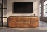 TV-Board MONZA 160cm w/ cable management fluted front rounded edges brown mango wood gold details
