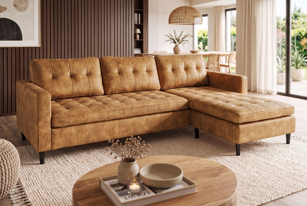 Corner sofa STOCKHOLM 220cm 3-seater w/ ottoman button tufted look velvet mustard yellow