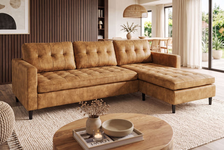 Corner sofa STOCKHOLM 220cm 3-seater w/ ottoman button tufted look velvet mustard yellow