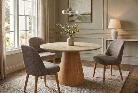 Dining table UNIQUE 120cm round oak wood verneered w/ ceramic top travertine stone