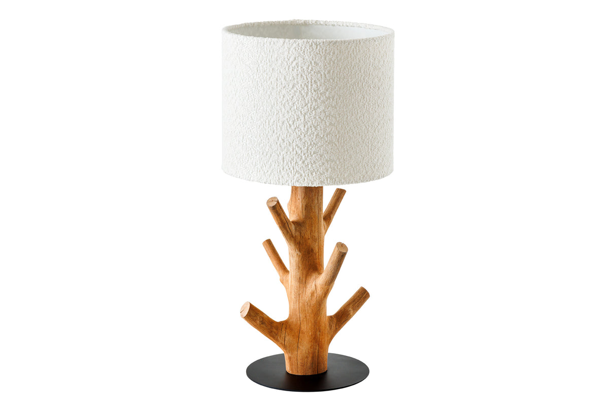 Tischleuchte JEWELRY 60cm natur Mangostanholz Lampenschirm Bouclé weiß