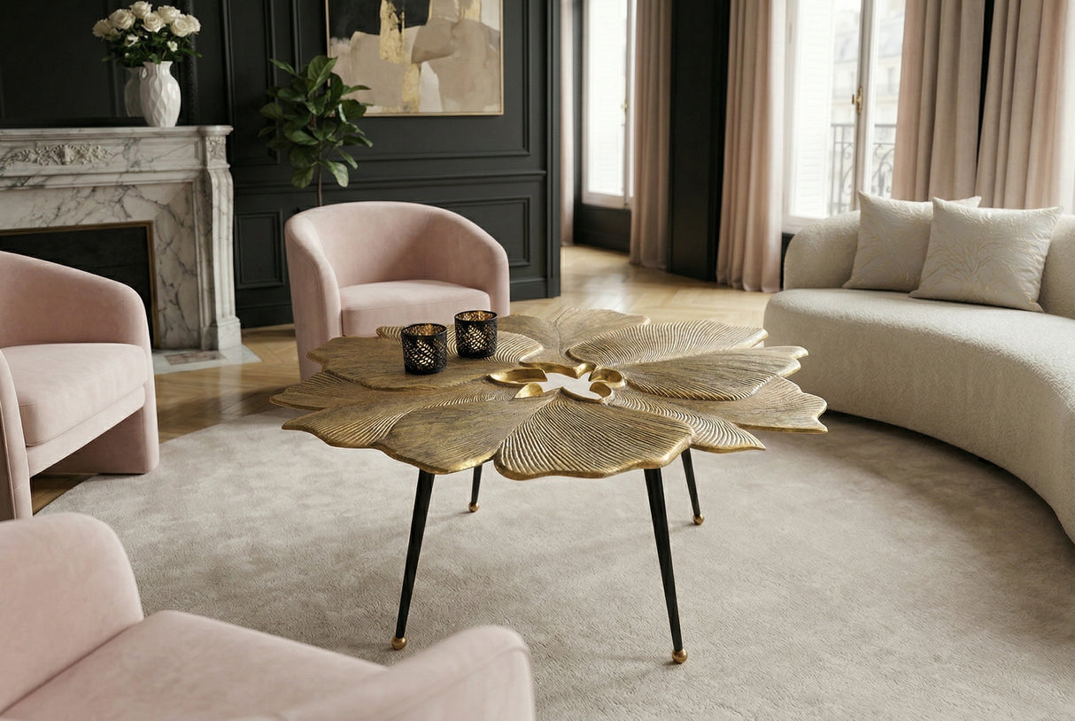 Couchtisch GINKGO LEAVES 95cm gold mit schwarzen Beinen