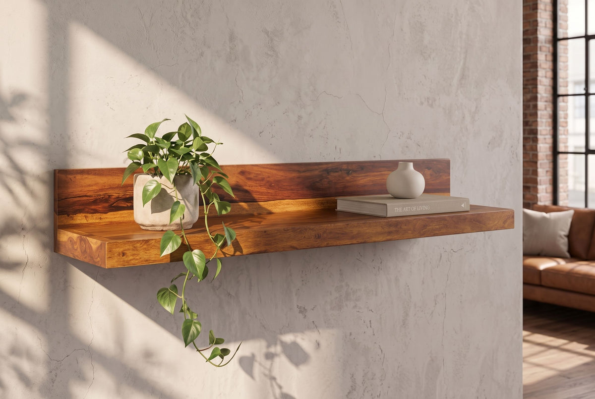 Wandregal MAKASSAR 80cm Sheesham Massivholz Naturstein-Finish mit Rückwand