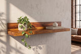 Wandregal MAKASSAR 80cm Sheesham Massivholz Naturstein-Finish mit Rückwand