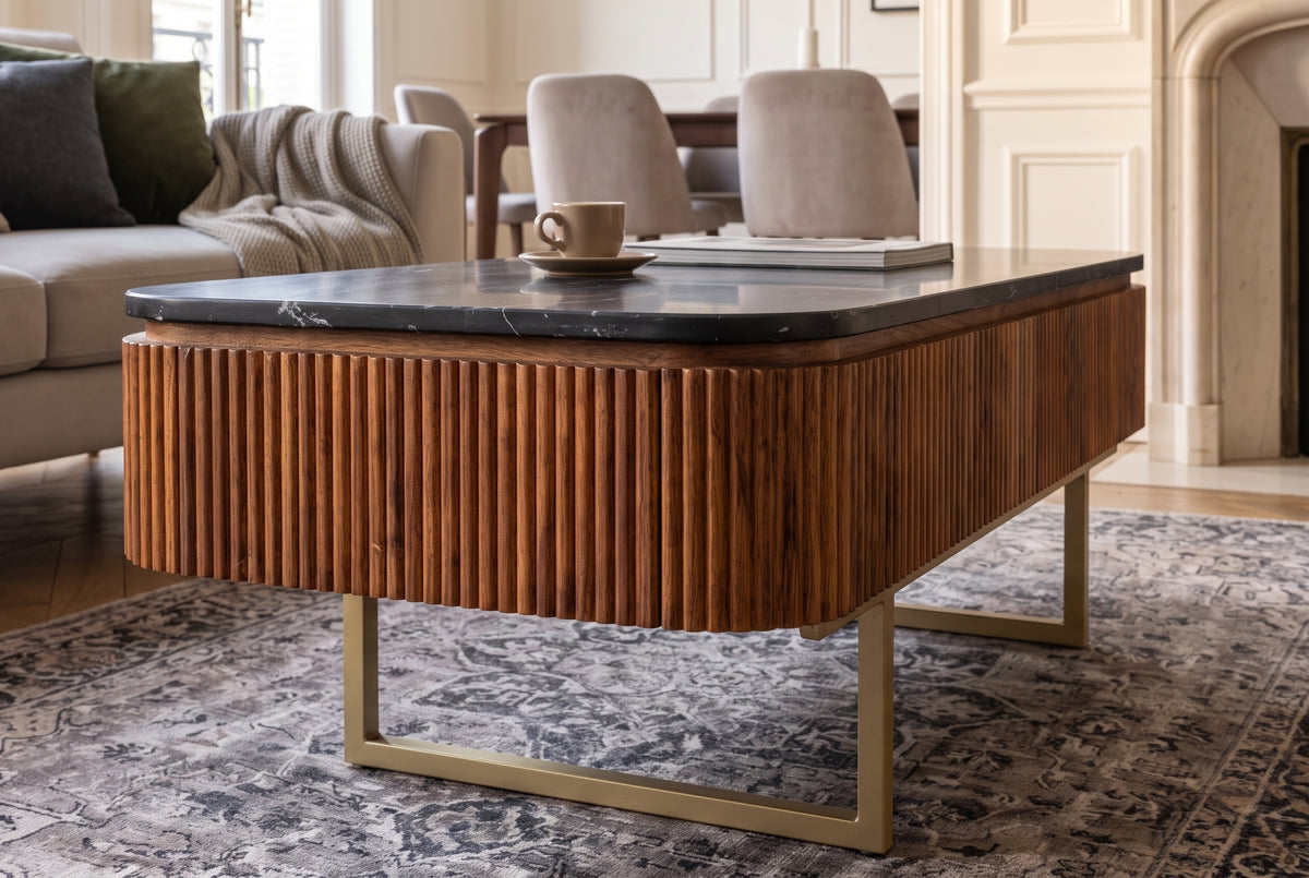 Couchtisch GATSBY 110cm Retro-Stil Mangoholz goldene Marmorplatte schwarz